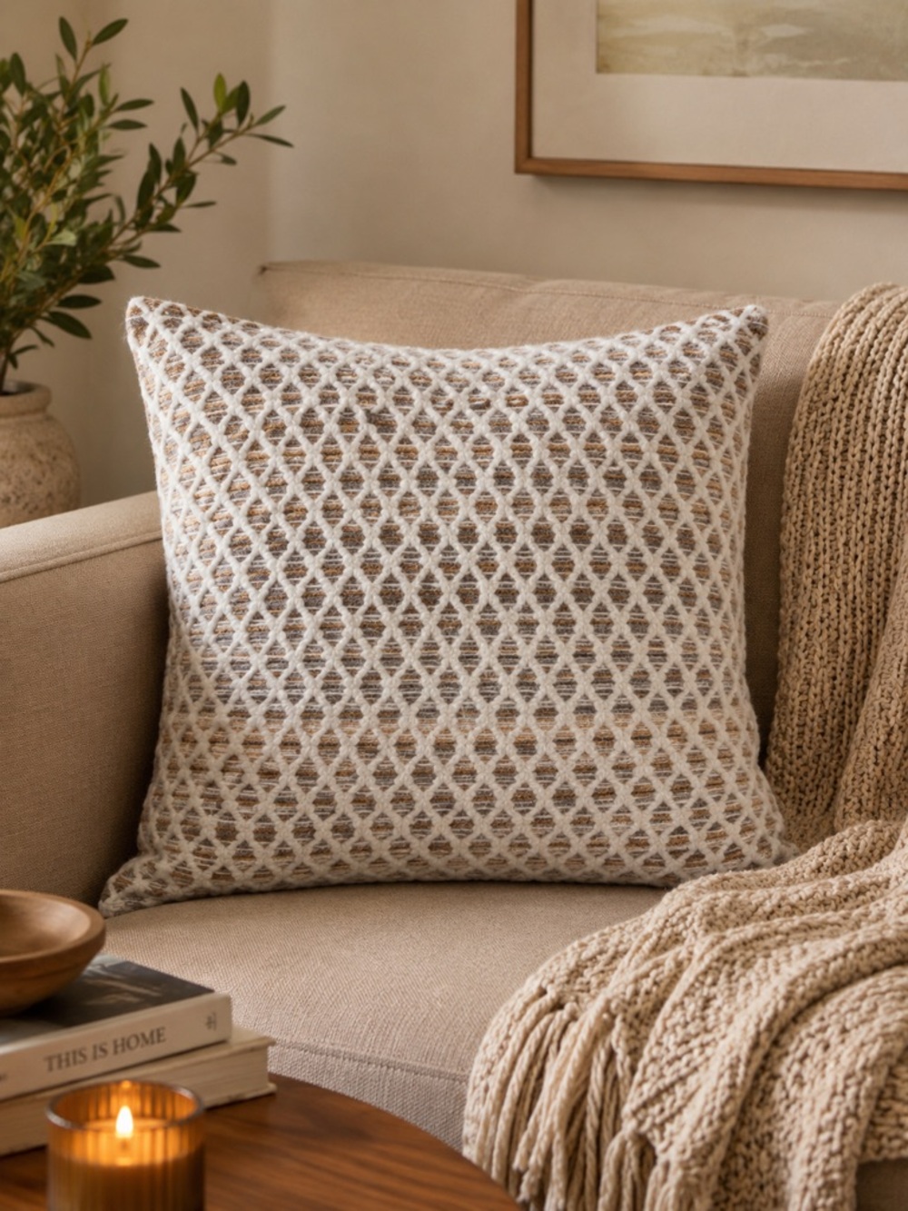 David Fussenegger Geometric Textured Pillow Cover Neutral Taupe 19” Austria
